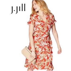 J. Jill Wrap Dress Orange Green Floral Ruffled  Womens Sz M Petite